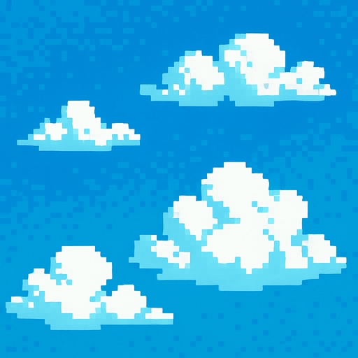 Day sky and clouds style pixel 1980.
In-Game asset.  2d.  High contrast.  No shadows. Pixel