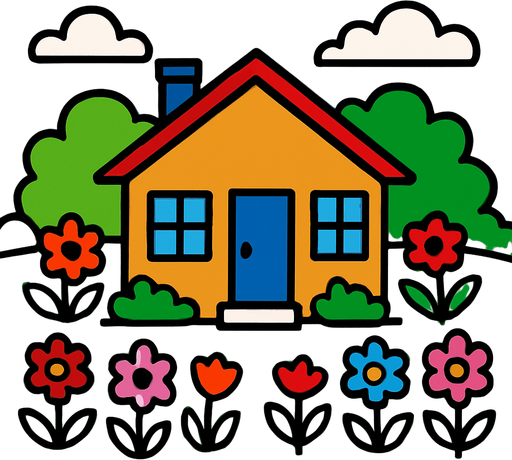 let there be a house and let the house be surrounded by lawns and flowers.
In-Game asset.  2d.  High contrast.  No shadows