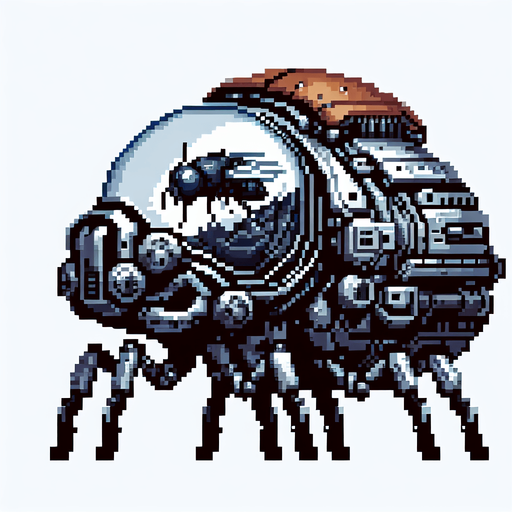 Genera un robot con una cupula de cristal donde se vea una mosca, de resto genera un cuerpo totalmente robotico de un escarabajo blindado en pixel art mirando hacia la izquierda.
Single Game Texture.  In-Game asset.  2d.  Blank background.  High contrast.  No shadows