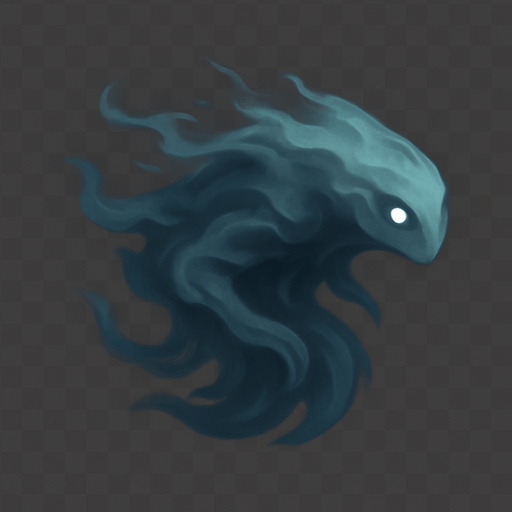 A single, isolated, highly detailed top-down isometric game asset of a Restless Spirit. It is an ethereal, translucent spectral figure, vaguely humanoid or beast-like, composed of swirling mist and faint light. Its form should be clearly defined but ghostly, with wispy edges. It can have two small, unblinking, glowing eyes or empty dark hollows for eyes (static). The spirit's body and implied 'head' should be clearly oriented towards the right side of the image, conveying its forward gliding motion. Style: Stylized, ghostly fantasy, semi-transparent, suitable for a Tower Defense game. Transparent background..
In-Game asset.  2d.  High contrast.  No shadows