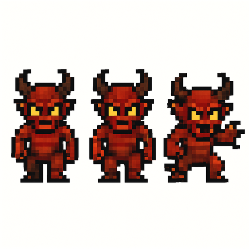 A sprite sheet for a demonic imp.Two walking sprites alternating feet and one attack sprite. Straight forward frontal view. Imp is facing the camera. White background. Retro pixel art..
In-Game asset.  2d.  High contrast.  No shadows
