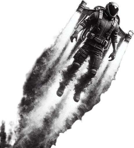 person with jet pack going straight
Single Game Texture.  In-Game asset.  Blank background.  High contrast