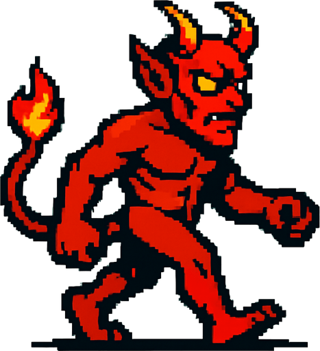 sağdan sola yürüyen bir  cehennem şeytanı.
In-Game asset.  2d.  High contrast.  No shadows