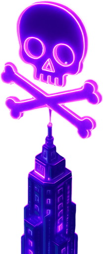 Top down isometric neon cyberpunk anime tower spire 3d hologram glowing purple hd large poison symbol projected overhead