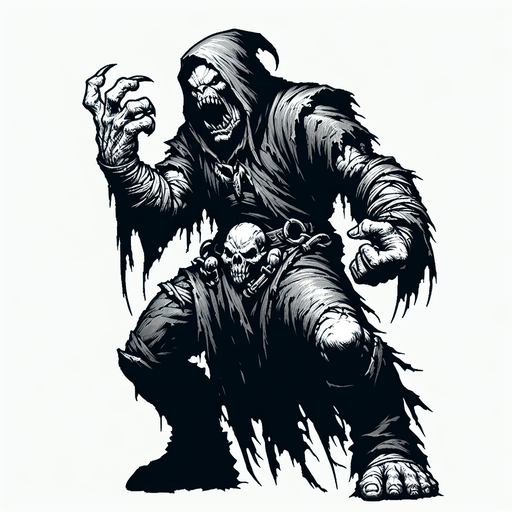 full body angry taunt orc grim reaper style.
Single Game Texture.  In-Game asset.  2d.  Blank background.  High contrast.  No shadows