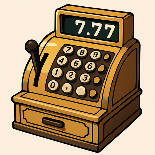 An old style cash register. The numeric read out says 7.77. Anime style..
In-Game asset.  2d.  High contrast.  No shadows