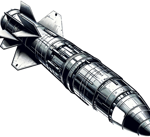 Missile seen from the side.
Single Game Texture.  In-Game asset.  2d.  Blank background.  High contrast.  No shadows
