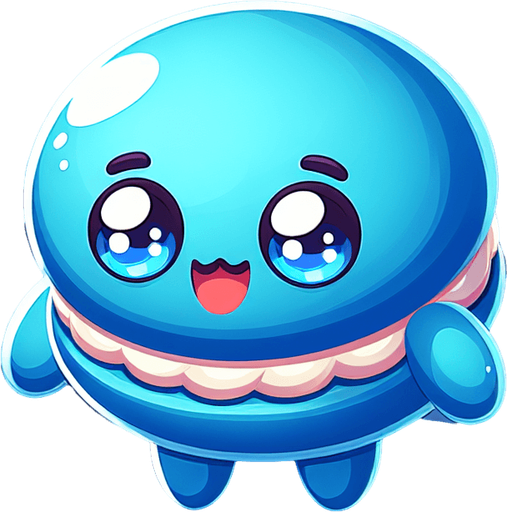 macaron bleu avec un visage mignon..
Single Game Texture.  In-Game asset.  2d.  Blank background.  High contrast.  No shadows