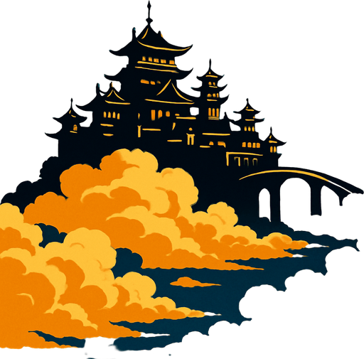 dari jauh terlihat istana langit di atas awan luas versi fantasy china.
In-Game asset.  2d.  High contrast.  No shadows