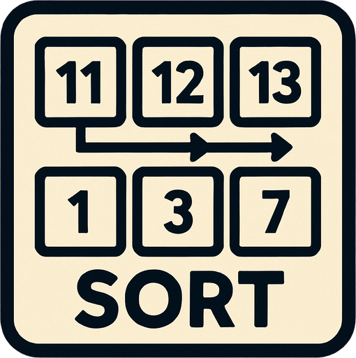 Sort square button, size 200 on 200 the button shows 2 rows of cubes, each row has 3 cubes. Each cube has a number on it. on the buttom row the numbers are: 1, 3, 7 The top row: 11, 12, 13.
the cubes connect with arrows points from the left cube to the cube right to her
at the buttom of the button, write SORT.
In-Game asset.  2d.  High contrast.  No shadows