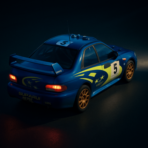 Photorealistic Subaru Impreza WRC in nightlight, drone topview from back and 45 degrees angle in top right corner