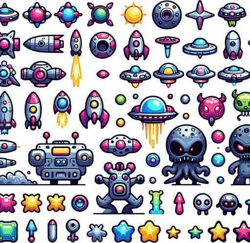 Spritesheet, Including spaceships, UFOs, Boss monster, Space monster...
Studio Ghibli. Mobile game. Colorful. hand drawn. cute, fun. In-Game asset. 2d. Blank background. High contrast. No shadows.