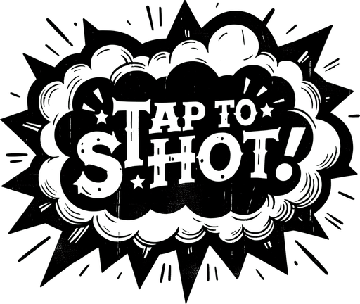 Tap to shoot! in a western style speech bubble..
Single Game Texture. In-Game asset. 2d. Blank background. High contrast. No shadows.