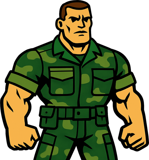 2d strong man wearing a uniform of military without helmet and looking strong.
In-Game asset.  2d.  High contrast.  No shadows