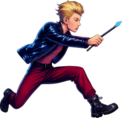 Swishy graceful man Cyberpunk manga, wand pointed straight ahead, arm extended, Slide across ground attack, side profile view attack animation, shiny black leather biker jacket longsleeves shirtless Skinny abs blonde pompadour guy, action shot wine red joggers combat boots, Background removed, "Full-body character, entirely in frame, no cropping of face, head, or feet" "Complete character visible, from head to toe, fully centered in the image" "Entire character, including face and boots, fully within the frame" Character fully contained within a square frame, no edges cut off fashion model running pose