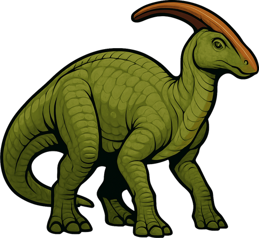 A large Parasaurolophus dinosaur with smooth, greenish-brown scaly skin. It has a long, curved cranial crest extending from the back of its head. The body is bulky with thick legs and a long tail. The skin shows detailed scales with subtle shading and wrinkles. The head has gentle eyes and a broad snout..
In-Game asset.  2d.  High contrast.  No shadows