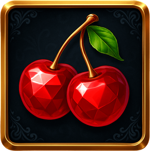 Crea un asset visual completo para el símbolo 'E' de Megaways: Cerezas Lujosas, directamente sobre su panel de fondo.

Diseño General:

Forma: Un panel cuadrado o ligeramente redondeado.

Fondo del Panel: Terciopelo oscuro (negro o azul noche) o un metal pulido muy oscuro.

Borde: Un borde elegante dorado o plateado alrededor del panel.

Detalles del Fondo: Puede tener un patrón sutil de filigrana de casino en las esquinas del panel.

Símbolo Central (las Cerezas):

Dos cerezas rojas, estilizadas para parecer joyas o gemas, con una superficie brillante y reflejos, posicionadas centralmente.

El tallo debe ser fino y elegante.

Colores: Rojos intensos y brillantes.
In-Game asset.  2d.  High contrast.  No shadows