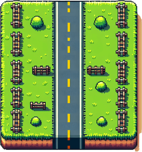 Top-down seamless vertically scrolling background for an endless driving game, central road with 3 lanes, side grass, trees, and fences, pixel art style, 512x1024 resolution".
Single Game Texture.  In-Game asset.  2d.  Blank background.  High contrast.  No shadows