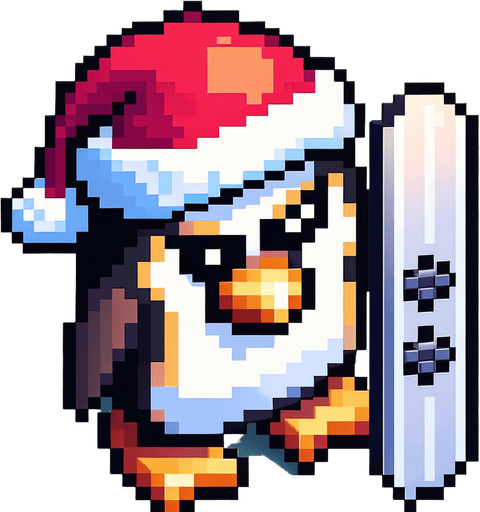 angry penguin snowboarder wearing a red santa hat. top-view. gta 2. seen from above. Single Game Texture. In-Game asset. 2d. Blank background. High contrast. No shadows. pixelated. 8 bit