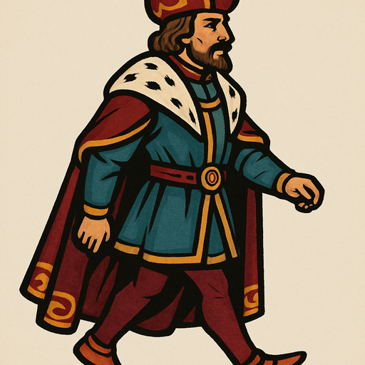 bir orta çağ şehrinin soylu dükü görünümünde yap orta yaşlarda sağdan solda yürür gibi.
In-Game asset.  2d.  High contrast.  No shadows