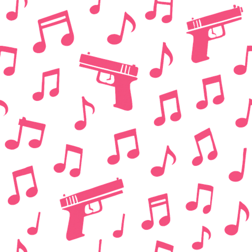 Make a wallpaper that features small music notes and guns. The image should look good for the game and not appear pixelated..
In-Game asset.  2d.  High contrast.  No shadows