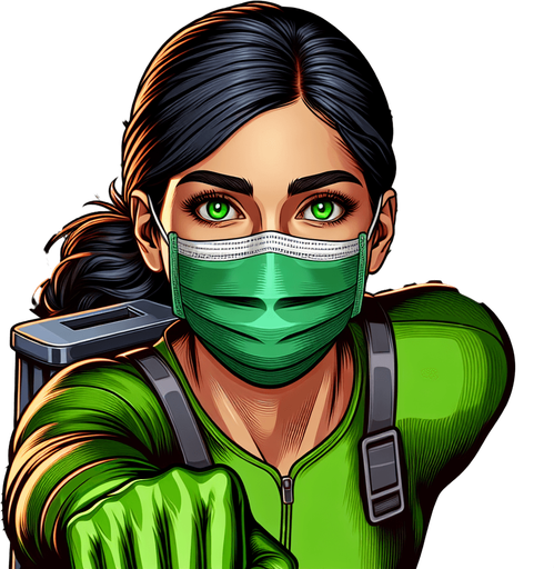 portrait of an garbage collector superhero woman wearing a green eyes mask, flying facing us, smiling in neon green suit..
single sprite, blank background.
