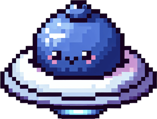 8-bit pixelated isometric blueberry-shaped UFO with a cute fruit inside.
Single Game Texture. In-Game asset. 2d. Blank background. High contrast. No shadows.