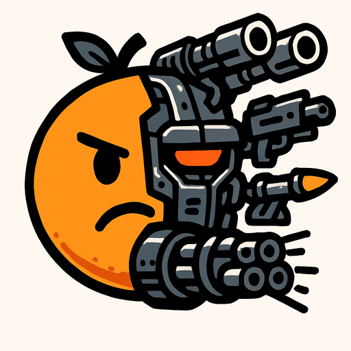 an orange circle with half of it being a cyborg and it is equiped with lots of weaponary.
In-Game asset.  2d.  High contrast.  No shadows