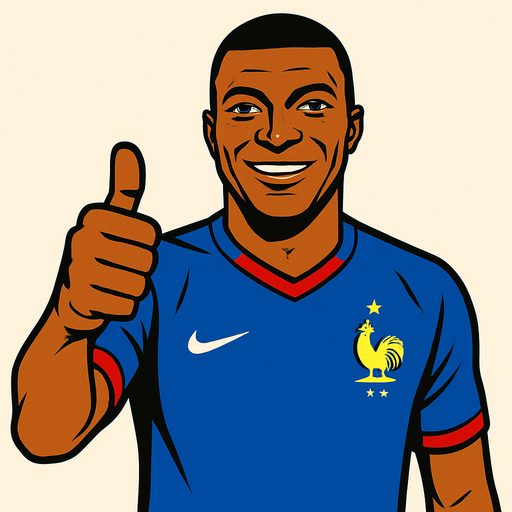 Kylian Mbappé wıth france futboll tshirt makıng thumbsup.
In-Game asset.  2d.  High contrast.  No shadows