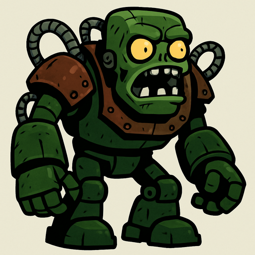 Cuerpo Robusto y Verde: El Zombot es una mole robótica de gran tamaño, con un cuerpo predominantemente de color verde oscuro, que le da un aspecto industrial y amenazante. Sus "hombros" y parte del torso están cubiertos por una armadura de color óxido o marrón rojizo, con remaches visibles.

Cabeza de Zombi Grande: La cabeza del robot es grande y cuadrada, también de color verde, con mandíbulas inferiores prominentes que se abren para revelar dientes afilados. Tiene dos grandes ojos amarillos brillantes que emiten una luz siniestra, lo que lo hace parecer una versión robótica y gigantesca de un zombi común.

Múltiples Mangueras y Cables: Varias mangueras o tuberías metálicas segmentadas sobresalen de sus hombros y otras partes del cuerpo, conectándose a sus brazos y cabeza, lo que sugiere un complejo sistema mecánico y de fluido.

Brazos y Piernas Robóticas Grandes: Sus brazos son enormes y fornidos, con grandes manos que terminan en "dedos" gruesos y redondeados, capaces de infligir u.
In-Game asset.  2d.  High contrast.  No shadows