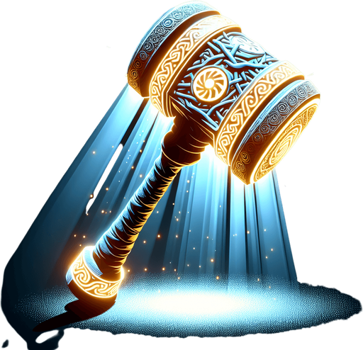 A glowing, ornate hammer imbued with power, or a weapon silhouette undergoing a visible transformation with radiating light and complex runic patterns..
Single Game Texture.  In-Game asset.  2d.  Blank background.  High contrast.  No shadows