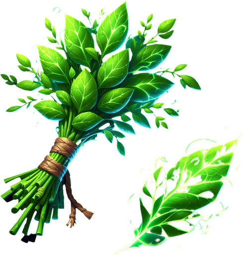 A bundle of glowing green herbs tied together, or a single stylized leaf with potent green light radiating from its veins..
Single Game Texture.  In-Game asset.  2d.  Blank background.  High contrast.  No shadows