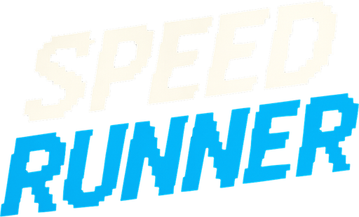 letras que dicen speed runner las letras speed tienen un color blanco con contorno negro y las letras runner un color celeste con un contorno azul todo hecho con pixeles y con una cursiva.
In-Game asset.  2d.  High contrast.  No shadows