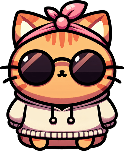The feminine character is depicted as a cartoon-style, orange tabby cat with noticeable stripes. It features a round face, shielded by oversized, round, dark opaque sunglasses, and a physique that's charmingly smaller than its head, creating a cute, chubby look. This cat is casually dressed in a simple, light-colored hoodie with a drawstring. Unique to this character, however, is a whimsical twist—a pink tie is playfully worn on its head like a hat, adding a quirky and endearing element to its appearance. Positioned comfortably with its paws in front, the cat maintains a relaxed posture. The overall style is engagingly playful and whimsical, perfectly suited for a casual mascot or a protagonist in a children's book. The pink tie, worn in such an unconventional manner, subtly emphasizes the cat's creative and fun-loving nature, making it even more captivating and endearing..
Single Game Texture. In-Game asset. 2d. Blank background. High contrast. No shadows.
