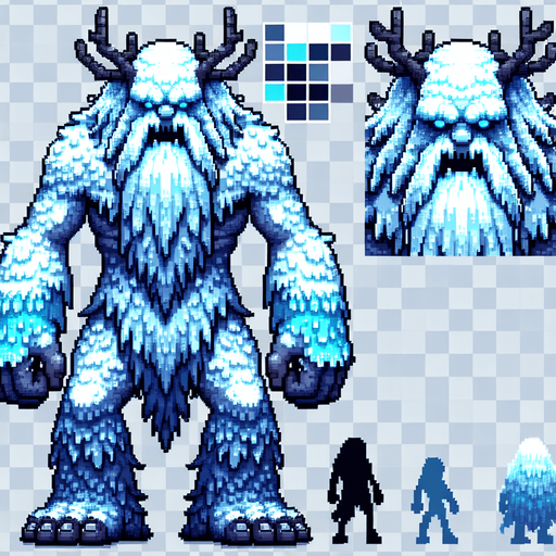 A terrible frost giant enemy sprite. Pixelart. Front view. Single Game Texture. In-Game asset. 2d. Blank background. High contrast. No shadows.