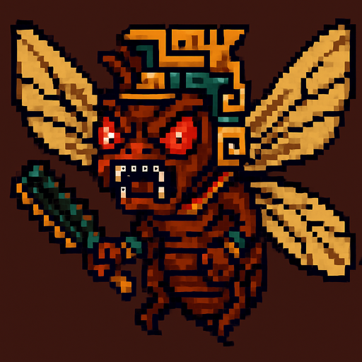 Genérame una Chicharra guerrero azteca con eso patrones, estilo pixelar, con una apariencia maligna, ojos rojos, rabioso. Unidad aerea con alas. Animal.
In-Game asset.  2d.  High contrast.  No shadows