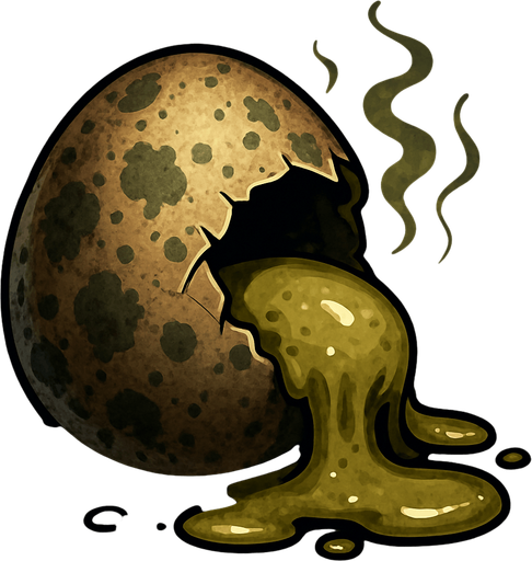 A high-resolution digital illustration of a rotten egg cracked open on one side, oozing a viscous, yellowish-green yolk and albumen. The shell is mottled with dark brown and green mold spots, with wisps of faint greenish gas rising. Textured detail on the shell’s rough, pitted surface, with subtle drips and splatters. Moody, low-key side lighting casts dramatic shadows and highlights the glossy, decaying textures. Semi-realistic style.
In-Game asset.  2d.  High contrast.  No shadows