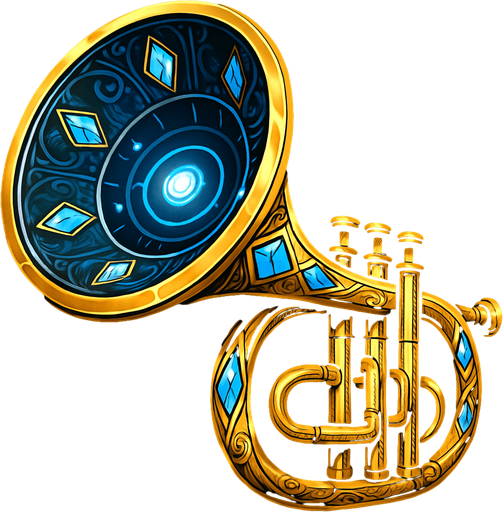 Una trompeta de proporciones colosales, con una campana que se abre como un altavoz parabólico gigante. Su superficie podría ser de un metal brillante y pulido, con intrincados grabados o incrustaciones de cristales resonantes que brillan intensamente. Podría tener un sistema de lentes o emisores de energía en su boca..
In-Game asset.  2d.  High contrast.  No shadows