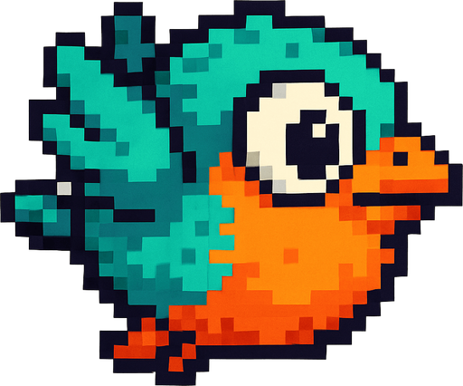 A unique pixel art bird character designed for a 2D side-scrolling game. The bird has a round, compact body and large expressive eyes. Its feathers are colorful, with shades of turquoise and orange, and it has small flapping wings. It has a slightly cartoonish look, with a tiny beak and simple outlines. The bird is seen from the side and appears mid-flight, with its wings lifted. The overall design is cute and distinct from Flappy Bird, but still fits in a retro-style arcade game..
In-Game asset.  2d.  High contrast.  No shadows. pixel art. side view. game character. cute. retro style. colorful