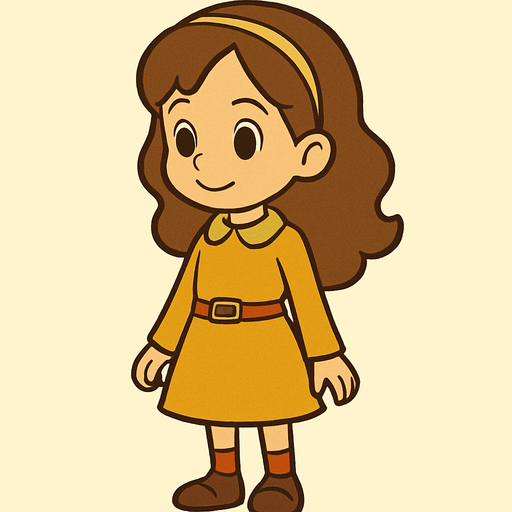 Cute little10yo girl brown hair in professor Layton game style.
In-Game asset.  2d.  High contrast.  No shadows