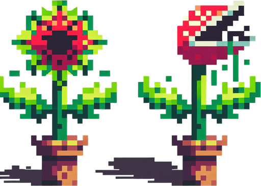 pixel hungery plant.
Single Game Texture.  In-Game asset.  2d.  Blank background.  High contrast.  No shadows