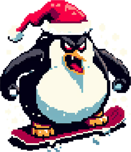 Giant angry penguin snowboarder wearing a red santa hat. top-view. gta 2. seen from above. Single Game Texture. In-Game asset. 2d. Blank background. High contrast. No shadows. pixelated. 8 bit.
A