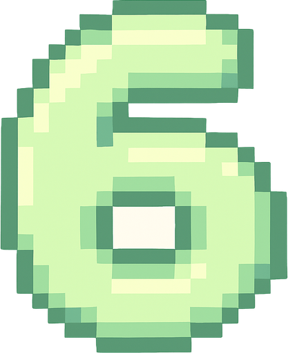 A pixel art number "6" designed for a cozy, cute retro 2D game UI with a bird theme. The number is rendered in soft pastel light green tones to harmonize with the gentle and sweet aesthetic of the game. It has a clean, simple, and rounded pixel style with no harsh edges, fitting perfectly within the pixel art UI style. The number is bold and easily readable at small sizes..
In-Game asset.  2d.  High contrast.  No shadows. pixel art. retro. 2d ui. number. pastel light green. simple. rounded edges. bold. cute. minimal