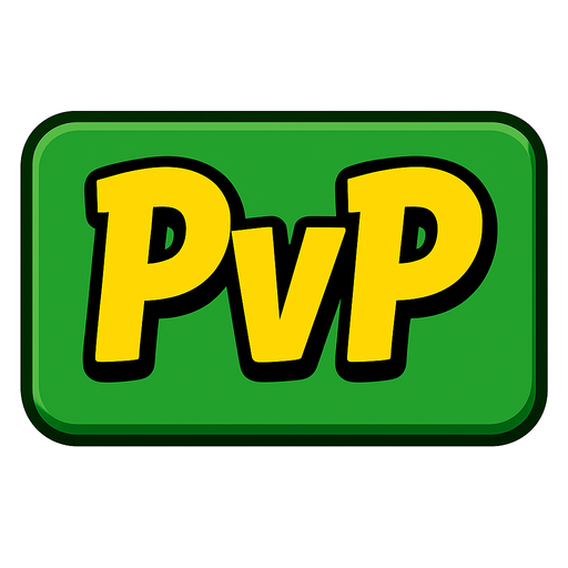 A 3:2 ratio rectangular green button that says “PvP” using this yellow font.