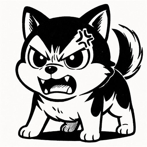 a cute angry dog manga style.
In-Game asset.  2d.  High contrast.  No shadows