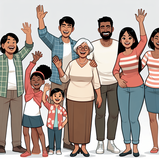 A smiling family waving..
Single Game Texture. In-Game asset. 2d. Blank background. High contrast. No shadows.