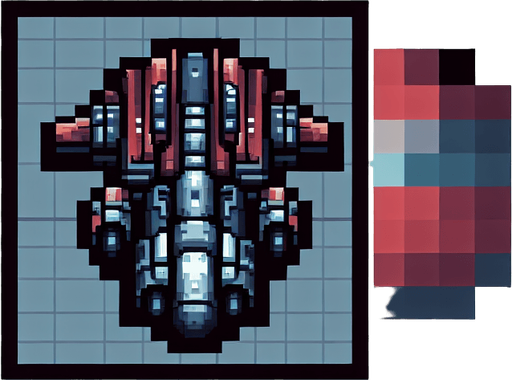 Spaceship 2D Pixel..
Single Game Texture. In-Game asset. 2d. Blank background. High contrast. No shadows.