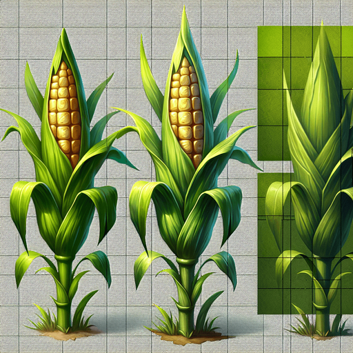 A young, unripe corn plant..
Single Game Texture. In-Game asset. 2d. Blank background. High contrast. No shadows.