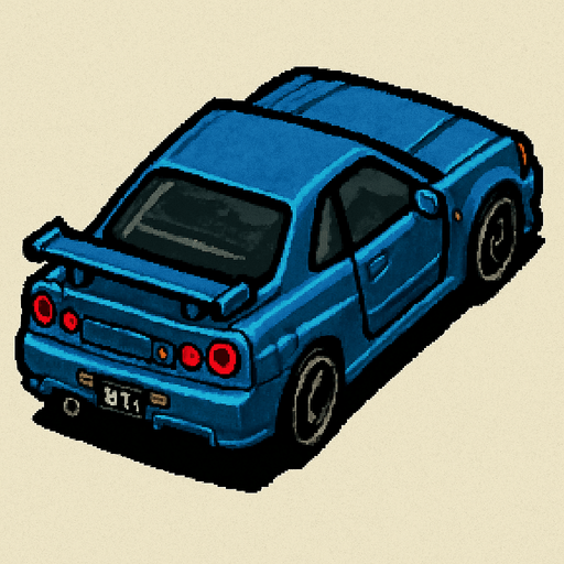 nissan gtr r34, seen from rear right

Top-down, gta2, Single Game Texture. In-Game asset. 2d. Blank background. High contrast. No shadows.isometric