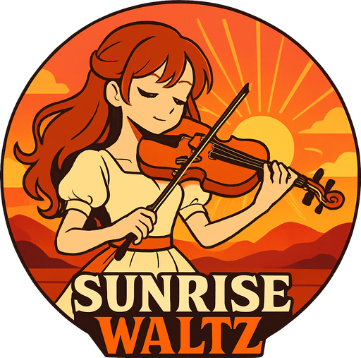 Round shape of anime style song cover with the themed Sunrise Waltz.
In-Game asset.  2d.  High contrast.  No shadows